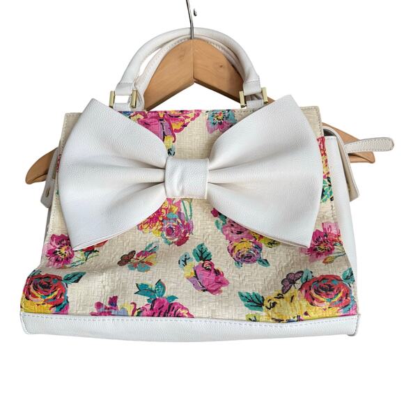 Betsey Johnson White Oversized Bow Floral Straw Purse Handbag Spring Bridal - Picture 4 of 9